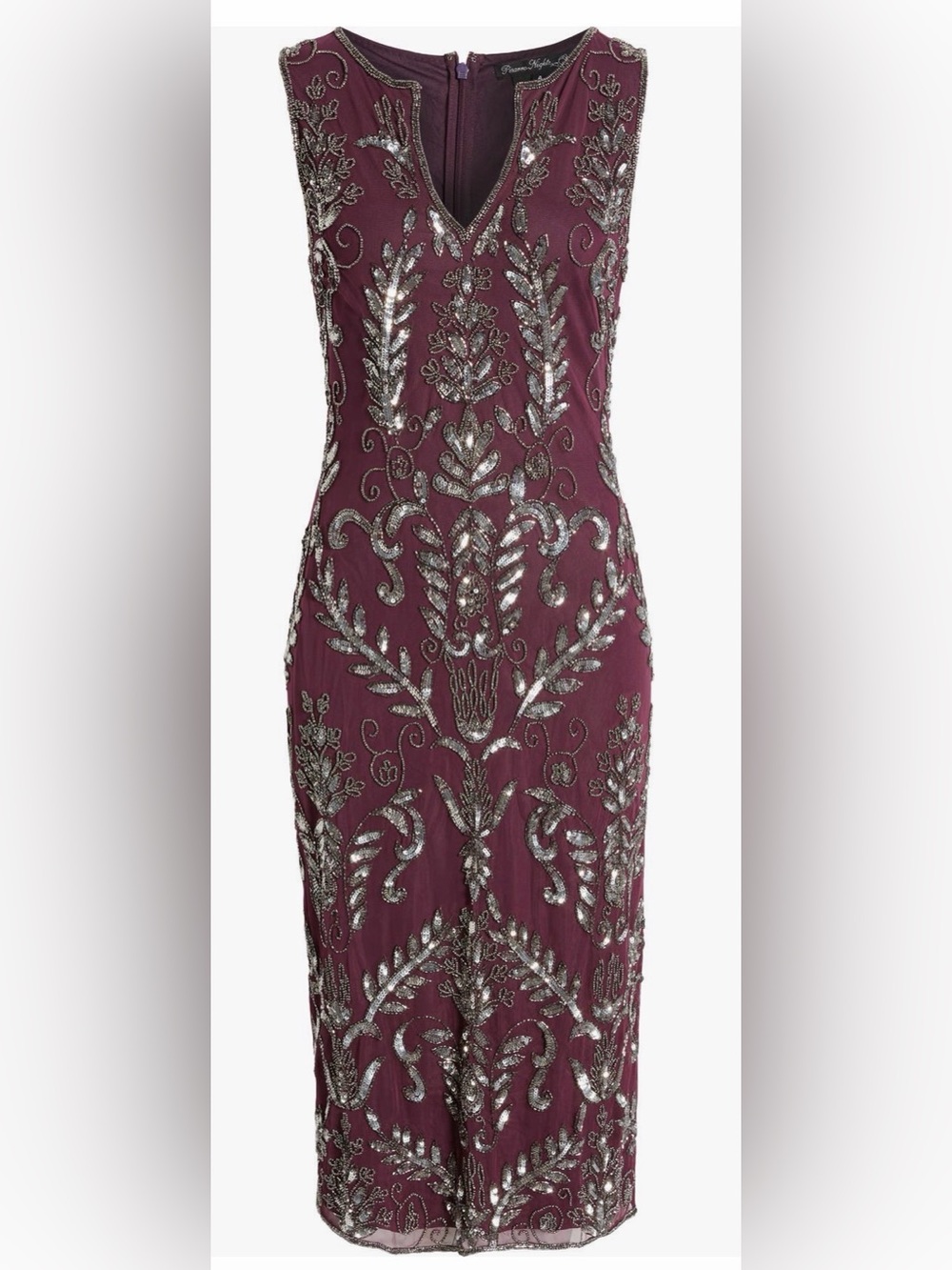 Pisarro Nights Plum Embellished Midi Dress with Silver Beading